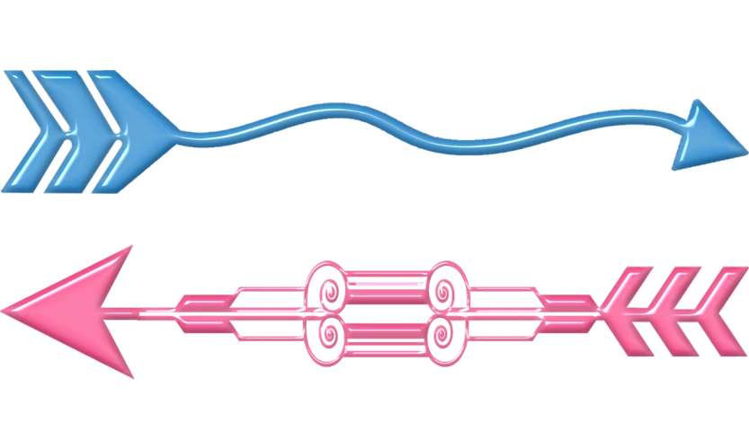 a couple of arrows that are next to each other, a digital rendering, inspired by Shūbun Tenshō, art nouveau, rubber hose animation, blue and pink shift, scrollwork, surgical implements