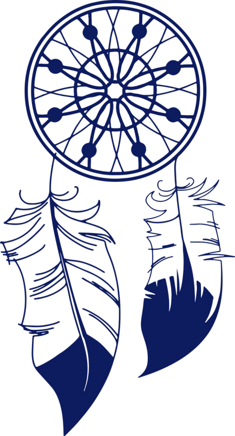 a drawing of a dream catcher with feathers, inspired by Katsushika Ōi, pixabay contest winner, art nouveau, dark blue neon light, vector art panel for cnc plasma, profile close-up view, decorative dark blue clothing