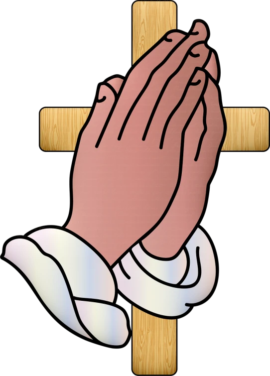 a wooden cross with a pair of hands on it, a digital rendering, inspired by Francis Helps, shutterstock, clip art, priest, panel, palm