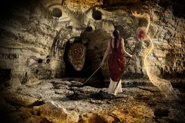 a woman in a red dress walking through a cave, a cave painting, fantasy art, photo - manipulation, gandalf attacks ancient athens, wide shot photo, mayan priestess