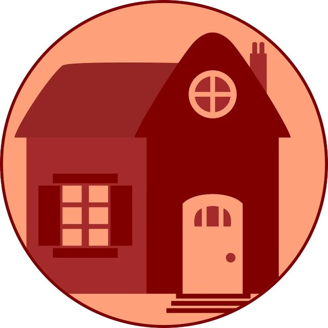 a picture of a house in a circle, a digital rendering, naive art, stylized silhouette, reddish - brown, clipart, maroon