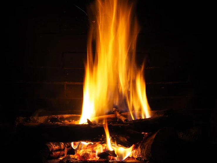 a close up of a fire in a fireplace, a picture, shutterstock, wikimedia commons, wooden logs, in the spotlight, profile shot