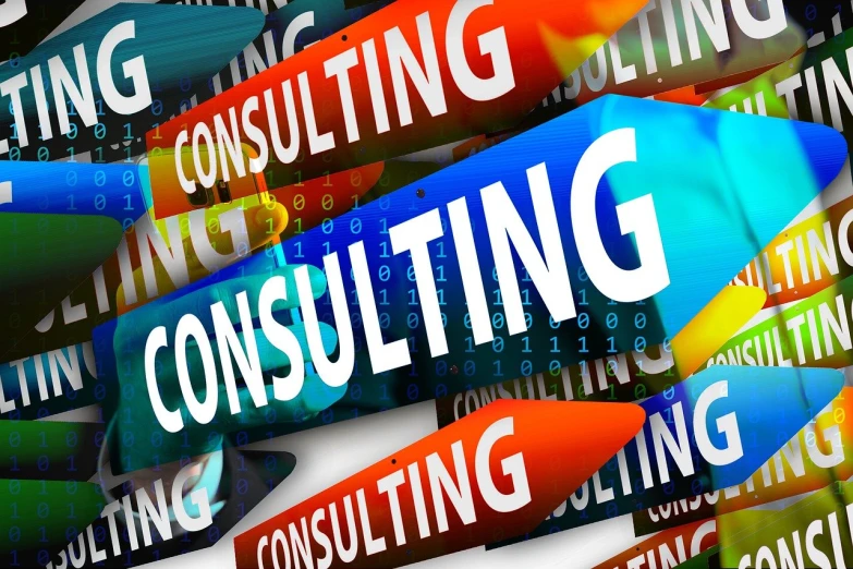 a group of colorful street signs with the word consulting on them, a screenshot, by Paul Emmert, shutterstock, digital art!!, corporate flow chart, databending, military