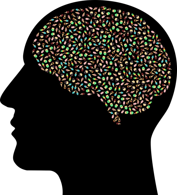 a brain made of colored pencils on a black background, generative art, amoled, confetti, chocolate, 2011