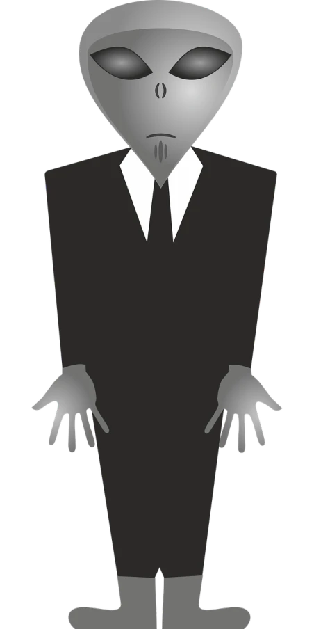 a cartoon alien in a suit and tie, pixabay, purism, hands hidden, dressed in dark garment, no - text no - logo, single pair of hands