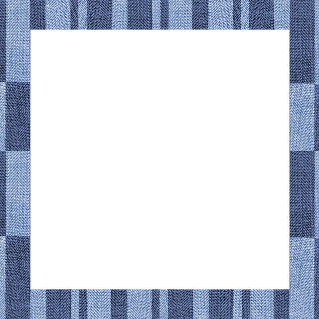 a black square on a blue and white checkered background, a stock photo, flickr, denim, ornate border frame, patchwork-streak style, solid dark background