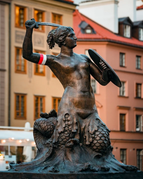 a statue of a man holding a sword and shield, a statue, by Josef Šíma, shutterstock, cyborg merchant woman, shot on leica, zdzislaw bekinski, late evening