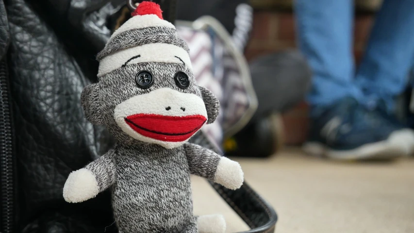 a close up of a sock monkey keychain, by Adam Manyoki, pexels, helmet is off, photograph credit: ap, grey, dressed casually