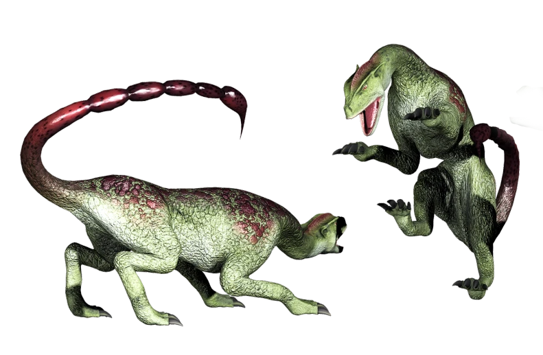 a couple of dinosaurs standing next to each other, a digital rendering, by Matthew D. Wilson, zbrush central contest winner, hyperrealistic photo of rayquaza, resident evil virus concept art, slam dancing creatures, top and side view