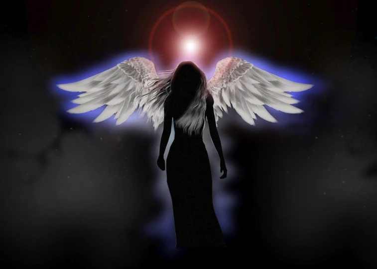a woman in a black dress with white wings, by Marie Angel, digital art, she is arriving heaven, with a red halo over her head, with a black background, sunburst behind woman
