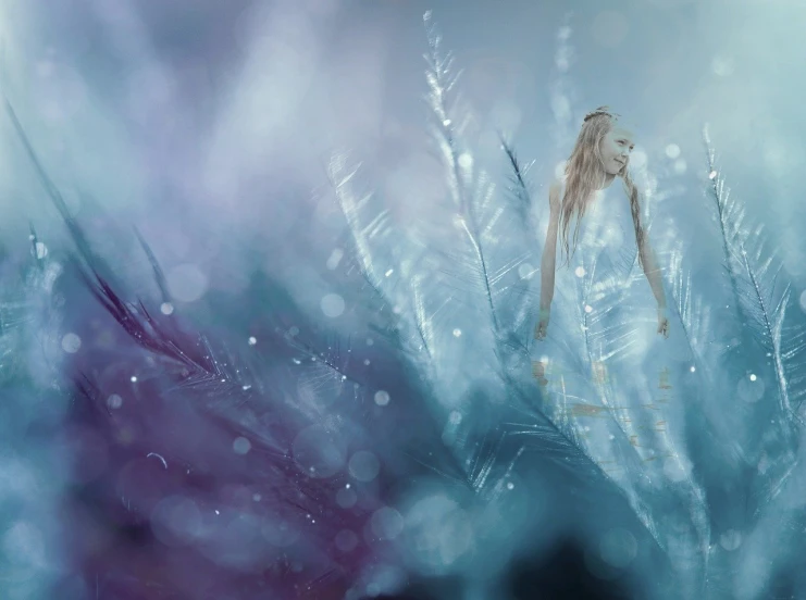 a woman that is standing in the grass, digital art, inspired by Cynthia Sheppard, fantasy art, glittering ice, feathers texture overlays, winter scene fantasy, in style of anna dittmann