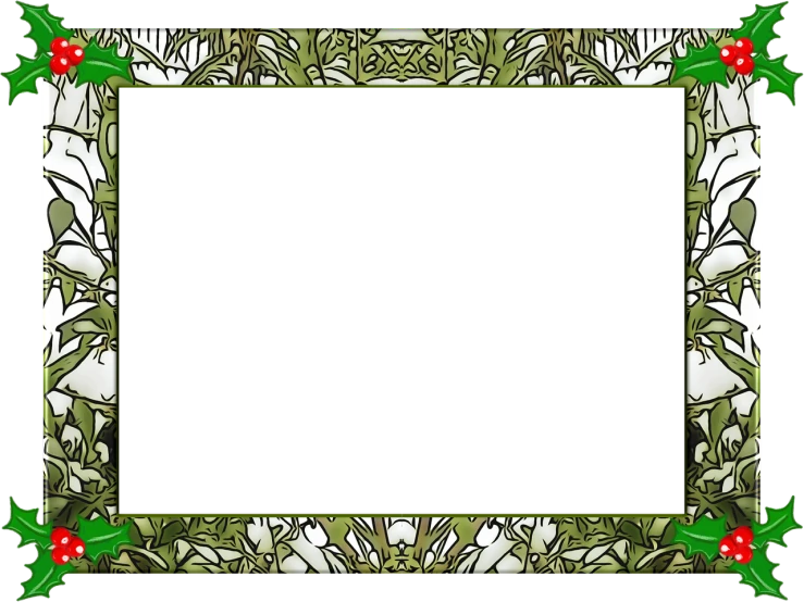 a christmas frame with holly leaves and berries, a digital rendering, inspired by Elizabeth Shippen Green, art nouveau, vhs static overlay, webcam screenshot, gothic stained glass style, jungle background