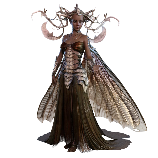a close up of a person wearing a costume, inspired by Aramenta Dianthe Vail, zbrush central contest winner, moth inspired dress, stuning fantasy 3 d render, full body image, bronze headdress