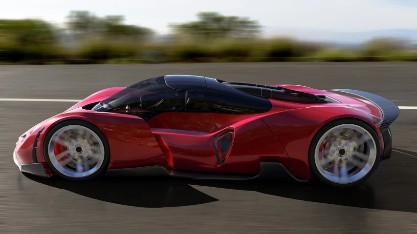 a red sports car driving down a road, concept art, inspired by Bernardo Cavallino, tumblr, synthetism, zaha hadid octane highly render, side profile shot, forza, veneno