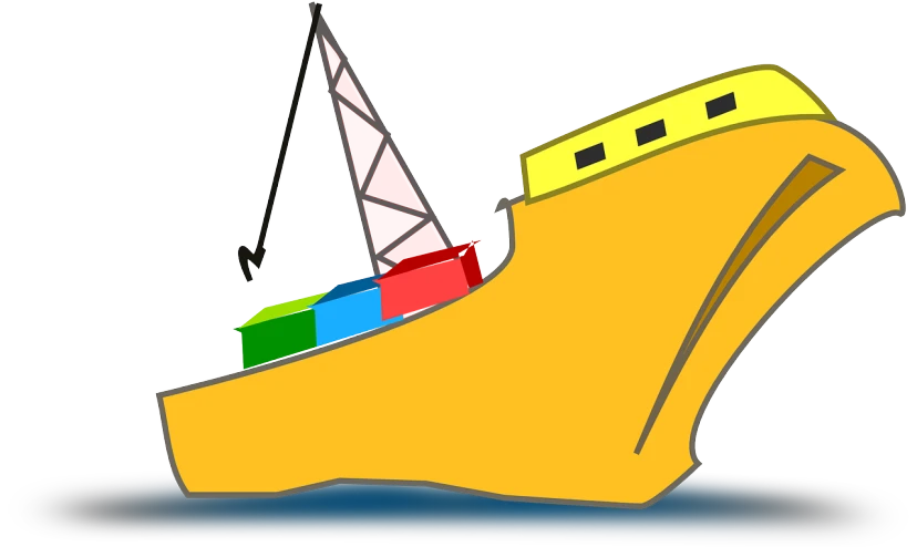 a yellow boat with a crane on top of it, a digital rendering, inspired by Kōno Michisei, trending on pixabay, figuration libre, right side profile, colored drawing, utilitarian cargo ship, multi - coloured