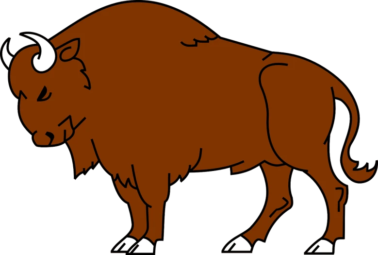 a brown buffalo standing in front of a black background, inspired by Giuseppe Bernardino Bison, mingei, filmation animation, black outline, brown:-2, brown tail