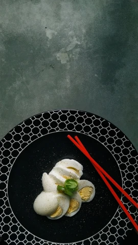 a plate that has some kind of food on it, a photorealistic painting, inspired by Kanō Naizen, unsplash, mozzarella, sophisticated composition, sumai-e artstyle, catalogue photography
