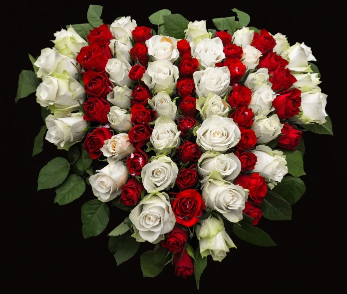 a bouquet of white and red roses on a black background, romanticism, heart made of flowers, high quality product image”, nikolay kopeykin, symmetrically