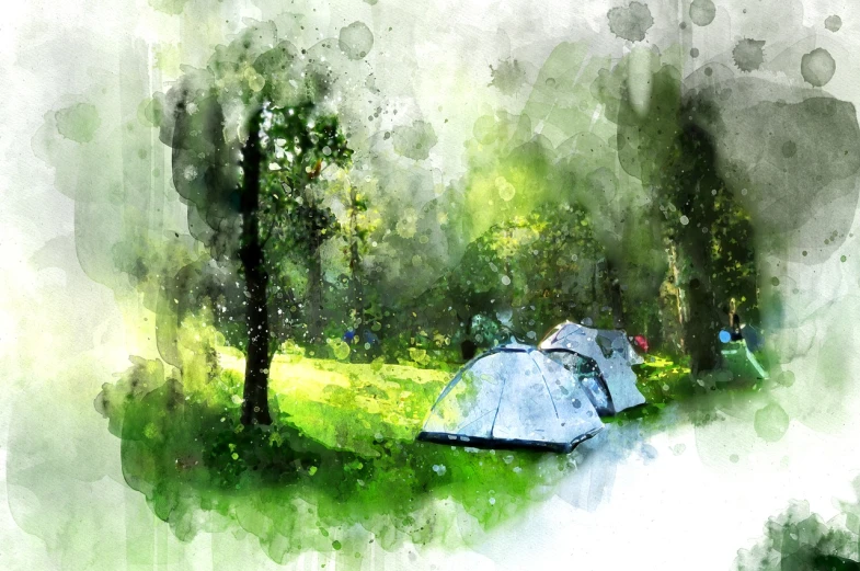 a watercolor painting of a tent in the woods, a watercolor painting, by Mirko Rački, shutterstock, impressionism, double exposure of dally life, tourist photo, after the rain, blurred and dreamy illustration