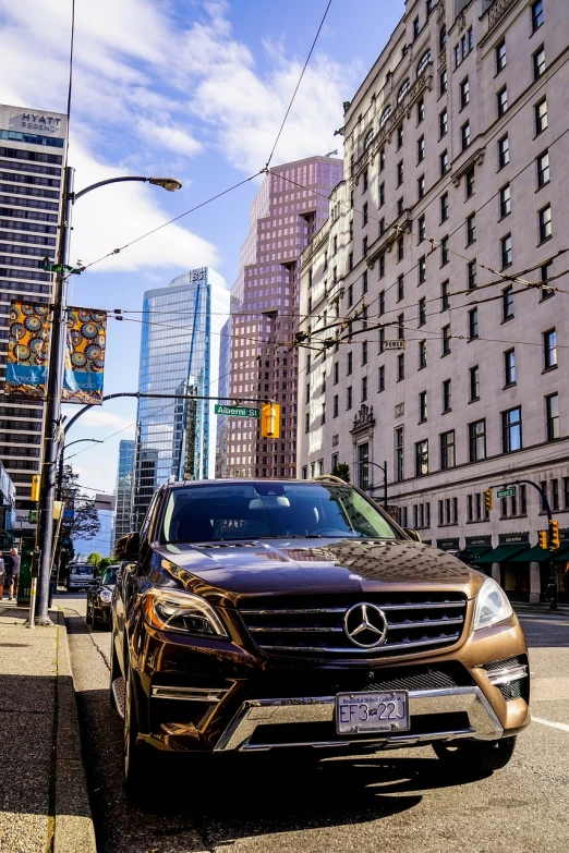 a mercedes parked on the side of the road, a photo, by Alexander Robertson, pexels, on a sidewalk of vancouver, bronze!! (eos 5ds r, snapchat photo, city scene