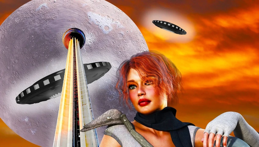 a digital painting of a woman with a spaceship in the background, inspired by Earle Bergey, cg society contest winner, the ufo is over the city, elevator to the moon, digital collage, leeloo