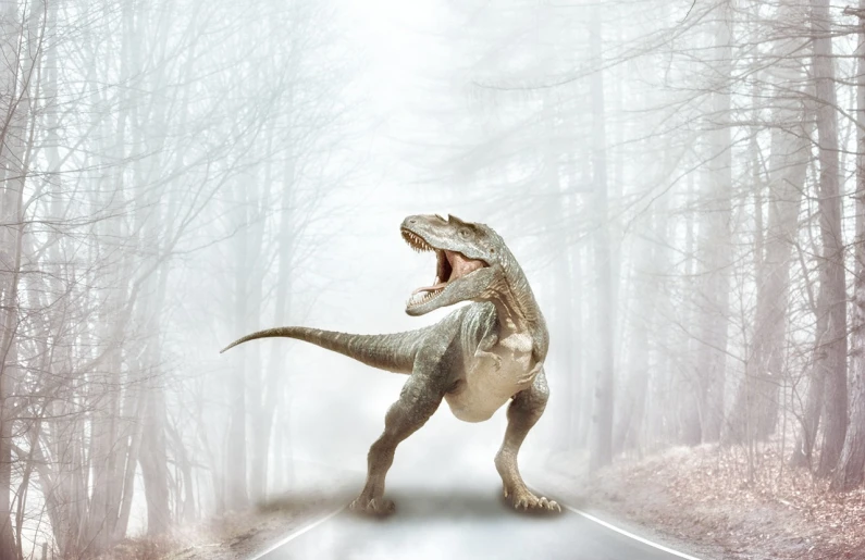 a large dinosaur standing in the middle of a road, inspired by Adam Rex, shutterstock contest winner, fantastic realism, foggy forrest backdrop, isolated on white background, screaming, very sharp photo