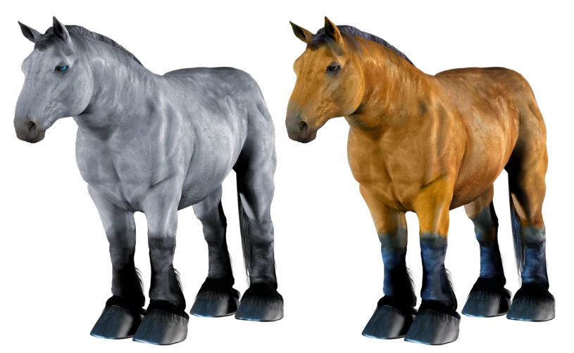 a couple of horses standing next to each other, a raytraced image, trending on zbrush central, photorealism, neon hooves, fur with mud, ultra high detail ultra realism, golden and copper shining armor