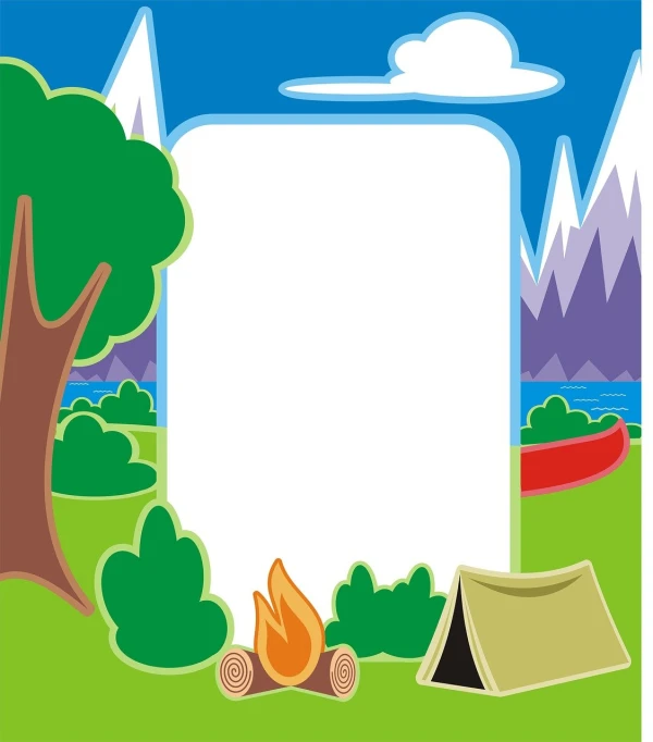 a picture frame with a campfire and a tent, a picture, sky forest background, background(solid), whole page illustration, poster ; summer