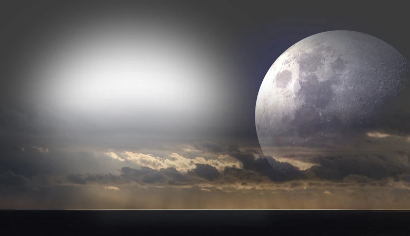 a large moon in a cloudy sky over a body of water, a matte painting, inspired by Chris Moore, pixabay, romanticism, silver, half and half, break of dawn on pluto, ocean view