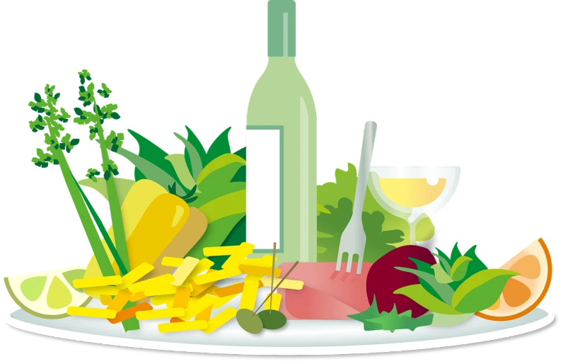 a plate of food and a bottle of wine, a digital rendering, pixabay, figuration libre, salad and white colors in scheme, bocage, looking left, no gradients