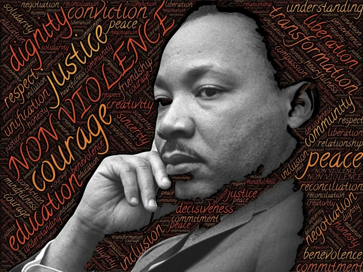 a black and white photo of a man with a hand on his chin, a digital rendering, by Ken Elias, pixabay, graffiti, martin luther king, detailed color scan”, words, justice