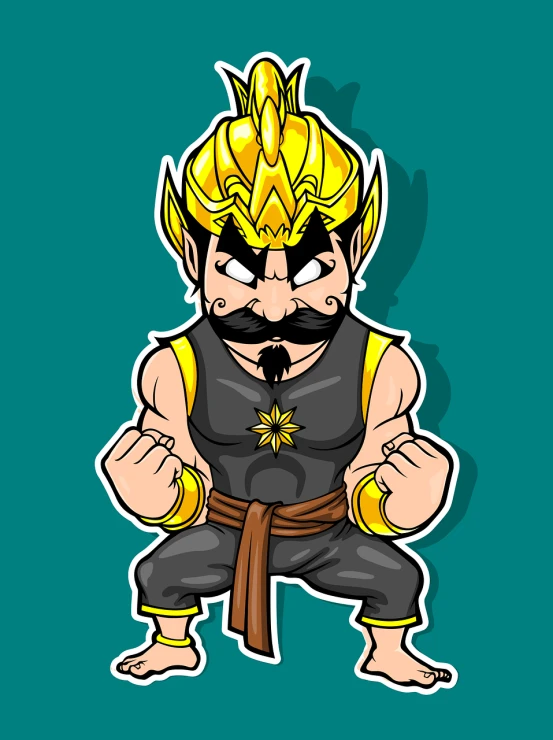 a sticker of a cartoon character with a mustache, concept art, inspired by Li Kan, shutterstock, super saiyan, warrior outfit, dramatic serious pose, mascot illustration