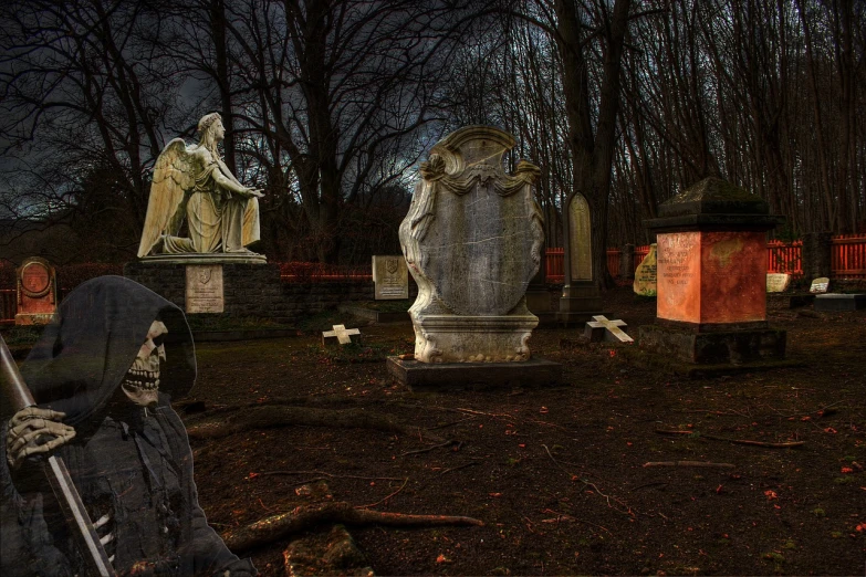 a person with a scythe standing in a cemetery, inspired by John Atkinson Grimshaw, flickr, vanitas, with several broken statues, wide shot photo, [ digital art, asleep