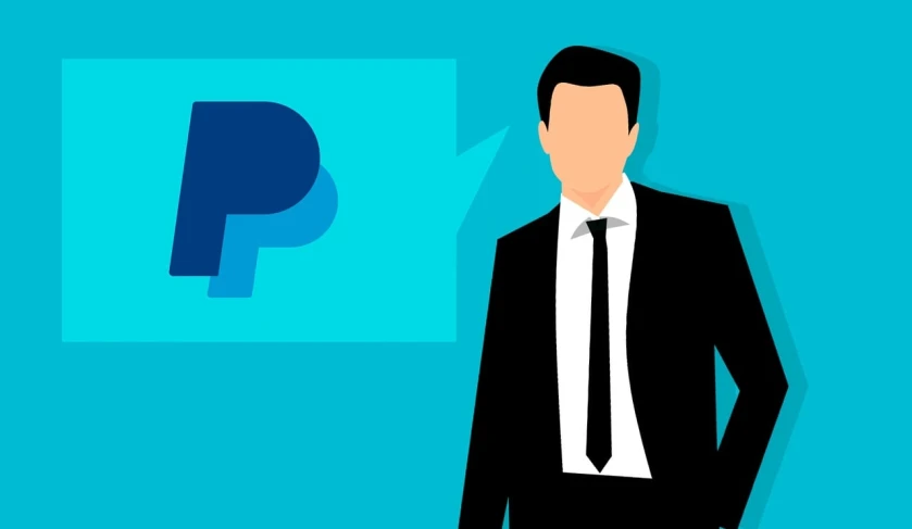 a man in a suit and tie standing in front of a pay sign, a digital rendering, by Gina Pellón, pixabay, pepsi, vitalik buterin, pictured from the shoulders up, costume with blue accents