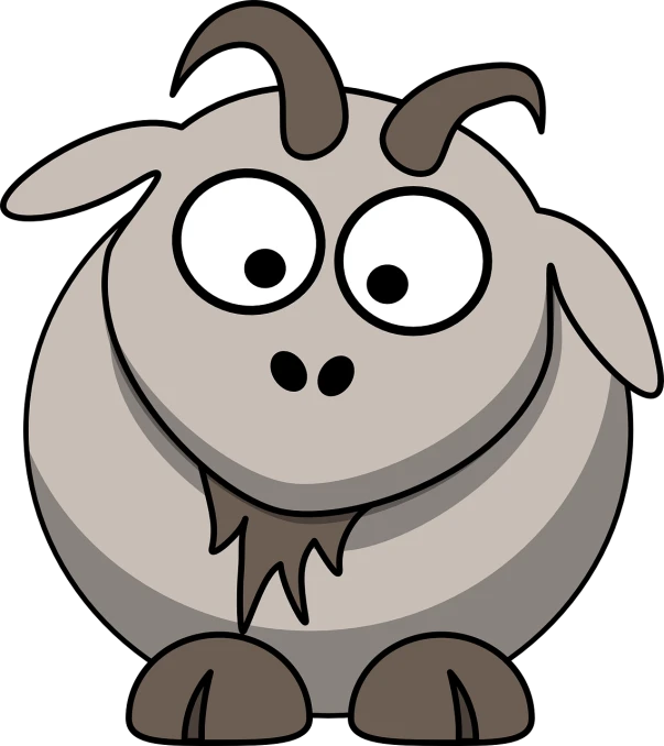 a cartoon goat with big eyes on a black background, pixabay, mingei, taupe, simple cartoon style, round, puffy