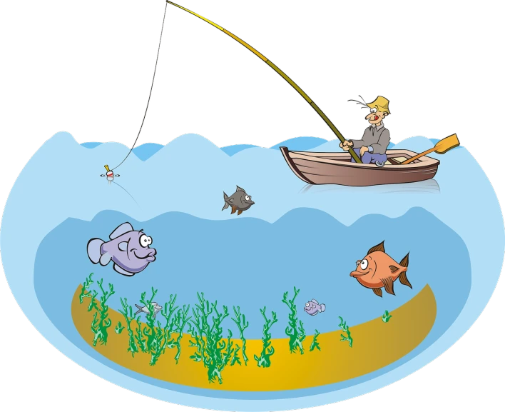 an image of a man fishing in a fish bowl, an illustration of, naive art, wikihow illustration, 2 d cg, skiff, flash photo