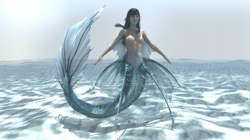 a mermaid sitting on top of a body of water, a raytraced image, deviantart contest winner, with wings. ultra-detailed, close medium shot, long flowing fins, photoreal”