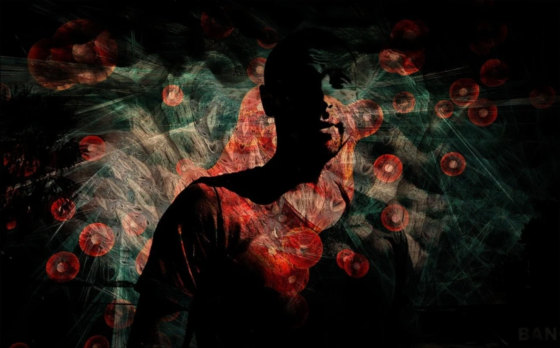 a man smoking a cigarette in a dark room, by Anna Füssli, digital art, red webs and fungus, colorful generative art, stylized silhouette, stable diffusion self portrait