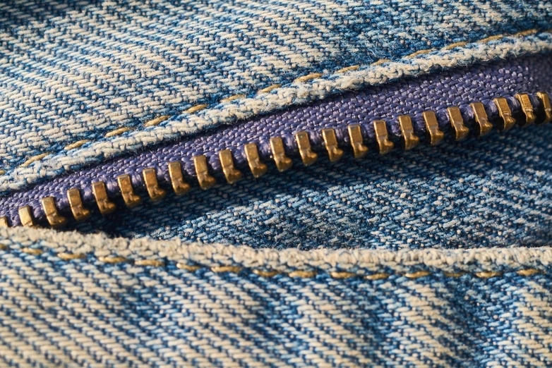 a close up of a zipper in a pair of jeans, a macro photograph, pexels, highly detailed product photo, cloth simulation with houdini, gold and indigo, fine details portrait
