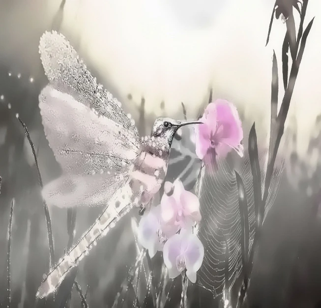a dragonfly sitting on top of a pink flower, digital art, inspired by Igor Zenin, black white pastel pink, misty morning, edited, glittering and soft