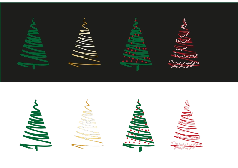 a set of four different colored christmas trees, process art, 1128x191 resolution, on black background, spritesheet, border