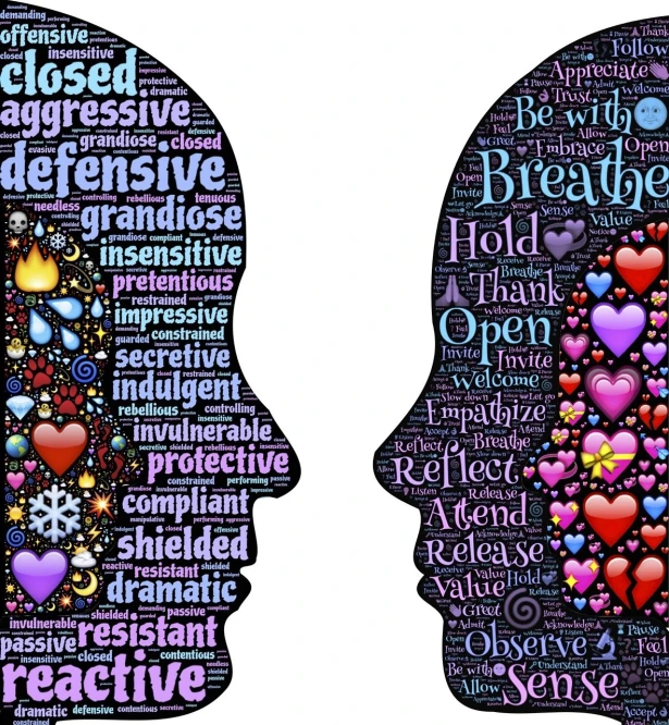 two silhouettes of a man and a woman with words all over them, by Daphne Allen, shutterstock, conceptual art, colorful character faces, hard breathing, facing each other, highly_detailed!!