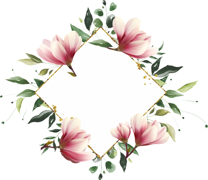 a floral frame with pink flowers on a black background, by Hasegawa Tōhaku, trending on pixabay, baroque, magnolia big leaves and stems, with a square, background image, gold