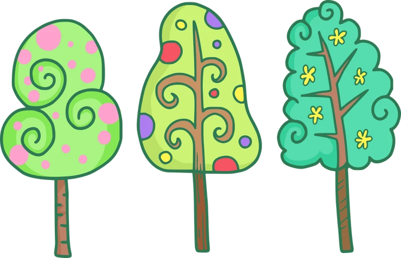 three different colored trees on a black background, pixabay, naive art, candy forest, green colored theme, brains, cutie mark