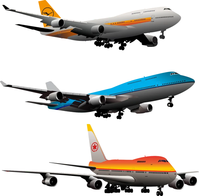 a large jetliner sitting on top of an airport tarmac, vector art, front back view and side view, on a black background, yellow and orange color scheme, with two pairs of wings