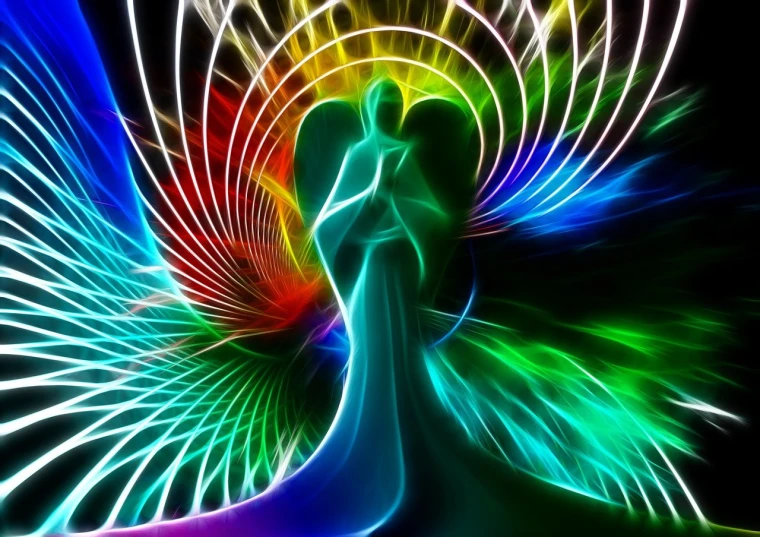 a couple of people standing next to each other, digital art, by Eugeniusz Zak, psychedelic art, goddess of love and peace, volumetric rainbow lighting, spirit hugs, torus energy