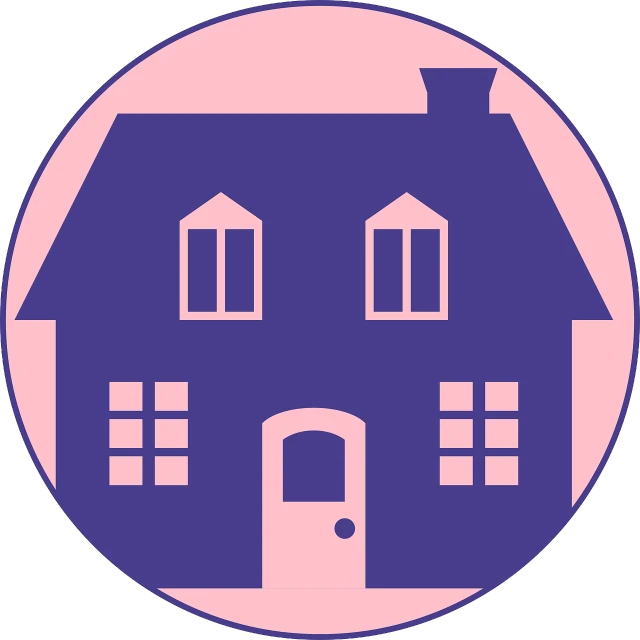 a purple and pink house in a circle, pixabay, sōsaku hanga, cartoonish vector style, medallion, gentle round face, stylized silhouette