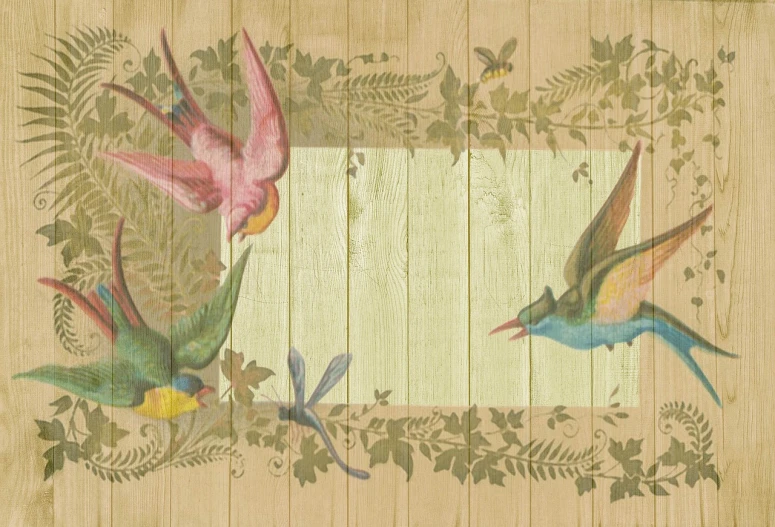 a couple of birds sitting on top of a wooden wall, a pastel, inspired by John James Audubon, shutterstock, decorative border, vintage - w 1 0 2 4, ; wide shot, hummingbirds