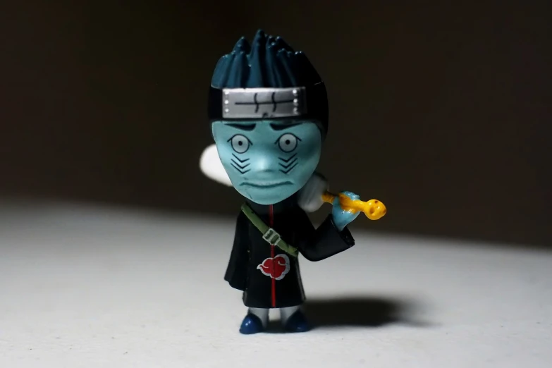 a close up of a toy figure on a table, inspired by Kamisaka Sekka, reddit, with blue hair, evil posed, nano, with very highly detailed face