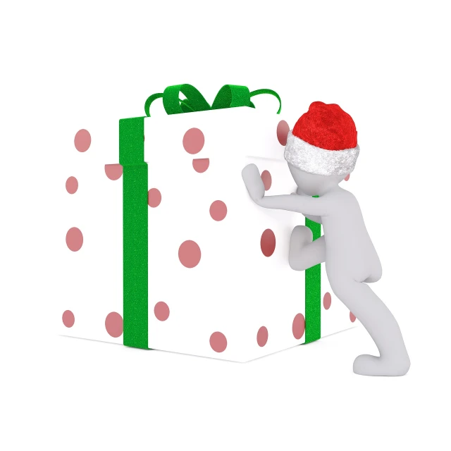 a man in a santa hat opening a christmas present, a stock photo, by Elaine Hamilton, pixabay contest winner, figuration libre, 3d model of a japanese mascot, mewtwo, isolated on white background, stock photo